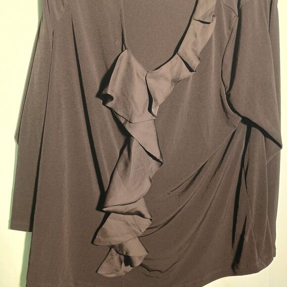 Susan Graver Black Long Sleeve Ruffle Front Blouse – Elegant Stretch Knit Top - Picture 2 of 4